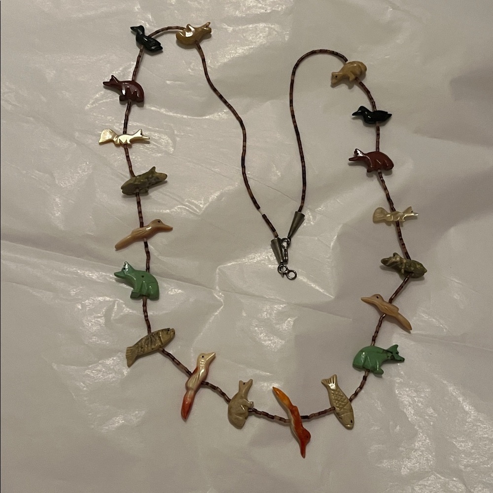 SOLD-Zuni Fetish Necklace carved stone animals-$40 - Picture 4 of 9